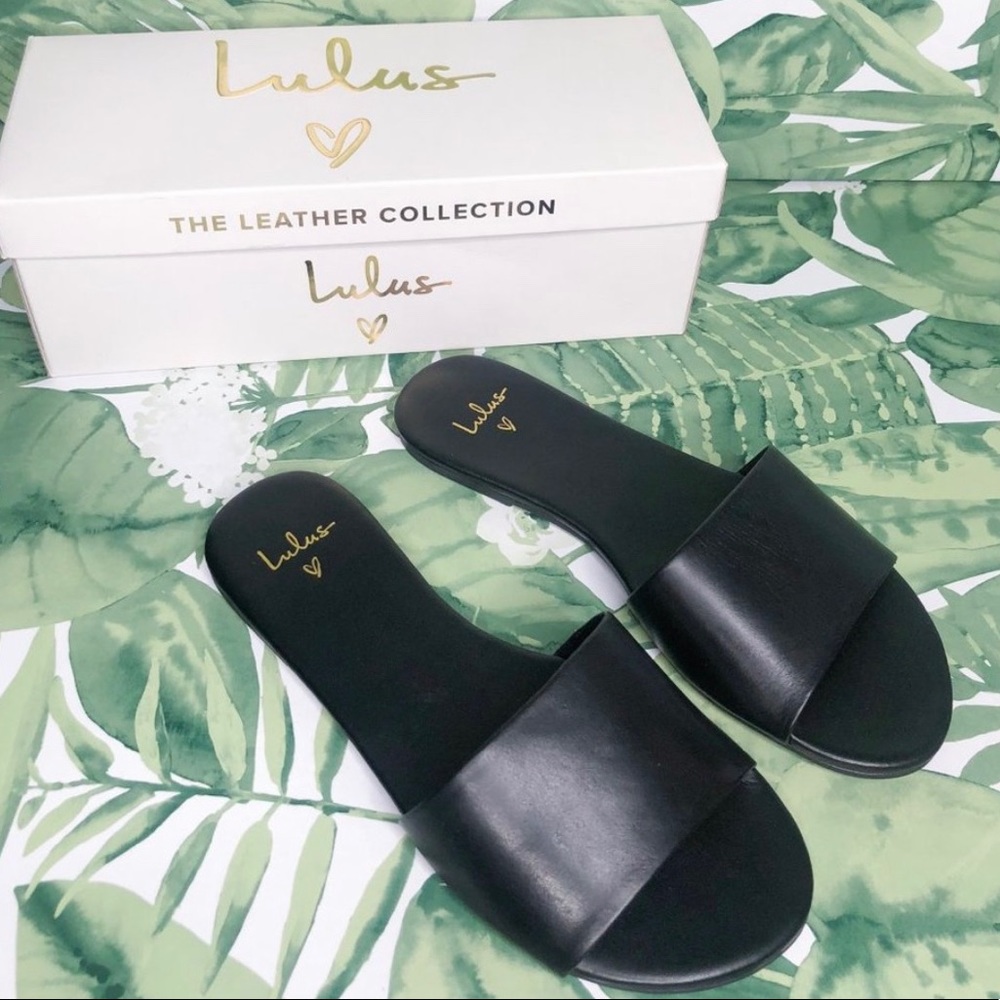New in Box Lulus TARA BLACK SLIDE SANDAL LEATHER